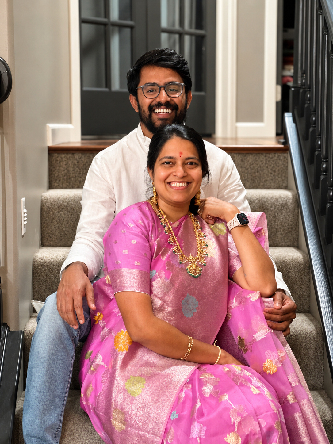 Watercolor portrait of the couple in traditional South Indian attire